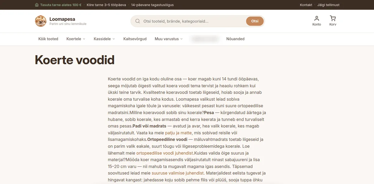 Dog bed category page on loomapesa.ee, in Estonian, showing sizes and prices