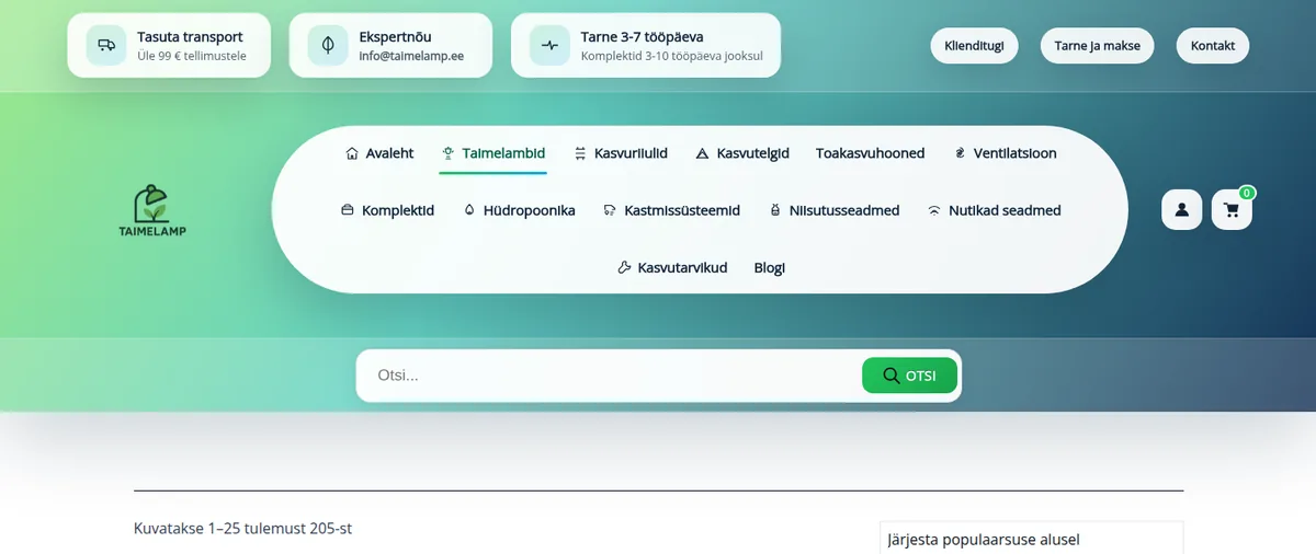 Grow-light category page on taimelamp.ee, in Estonian, showing the range and prices